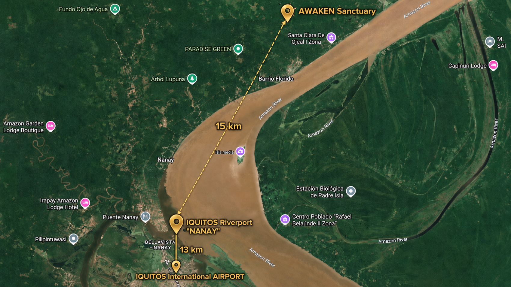 Location of AWAKEN Sanctuary near Iquitos, Loreto